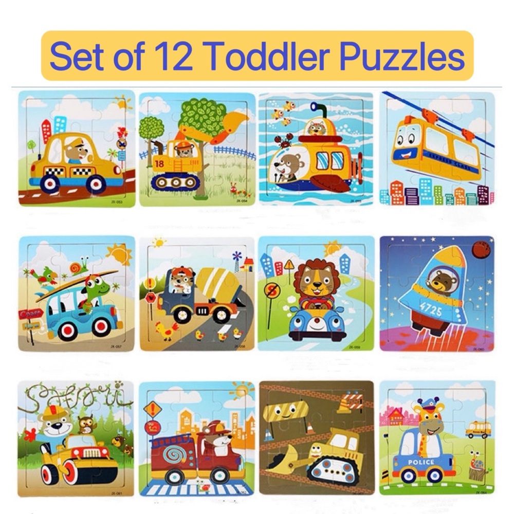 New！Set of 12 toddler puzzle baby wood puzzle construction and vehicle
